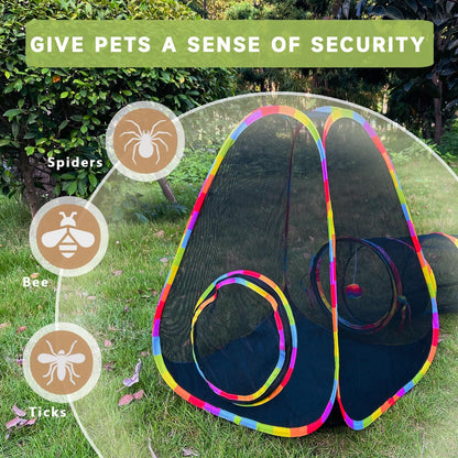 Collapsible cat tunnel and play tent connected by zippers for indoor use