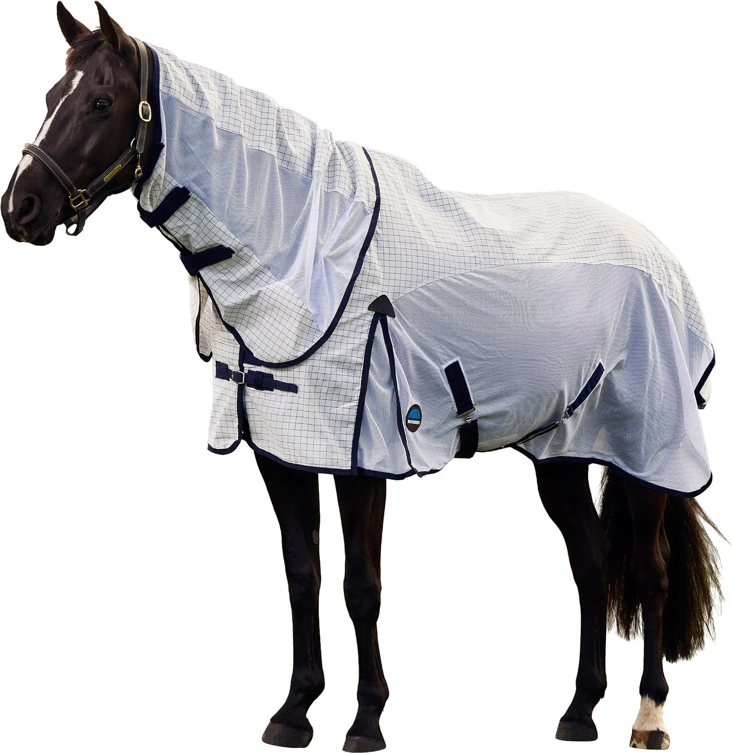 WeatherBeeta Airstream Detach-A-Neck horse fly sheet front view in white and navy grid pattern