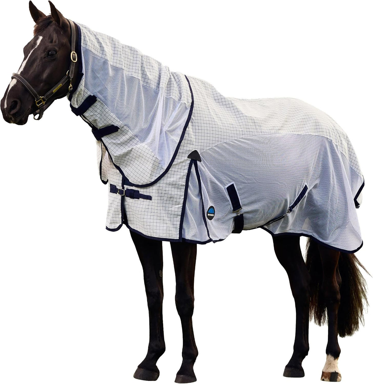 WeatherBeeta Airstream Detach-A-Neck horse fly sheet front view in white and navy grid pattern