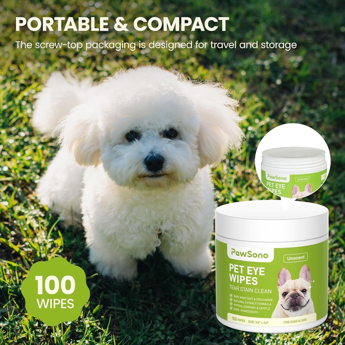 PawSono Eye Wipes for Dogs & Cats, Hypoallergenic Dog Eye Wipes Cleaner, Natural Cleaning Grooming Pet Wipes Gently Remove Tear Stain, Eye Debris, Discharge, Mucus, Non-Irritating, Unscent, 100 pcs - Image 9