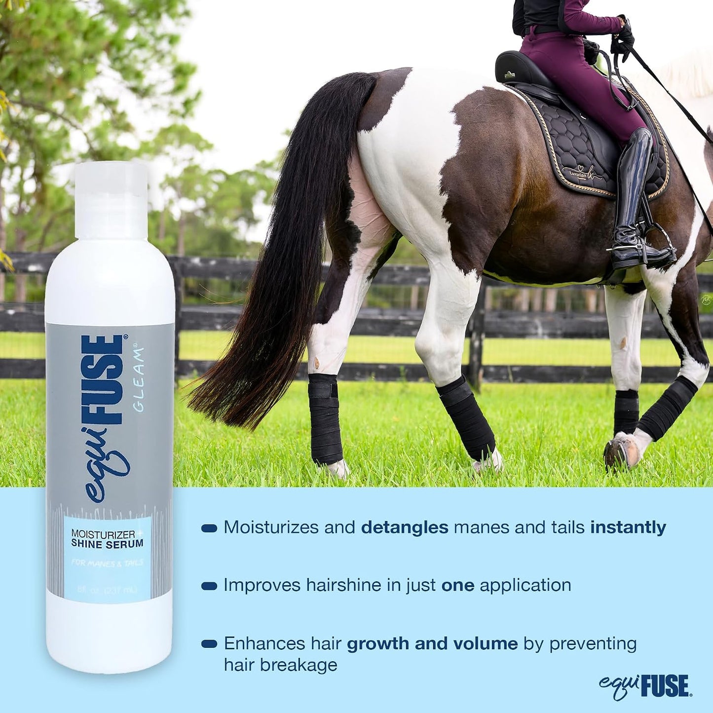 EquiFUSE Gleam 8 Ounce equine serum back label with usage instructions.