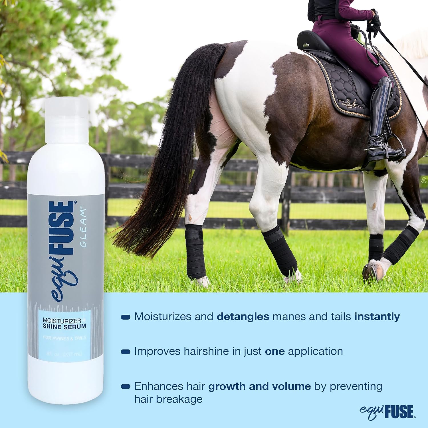 EquiFUSE Gleam 8 Ounce equine serum back label with usage instructions.