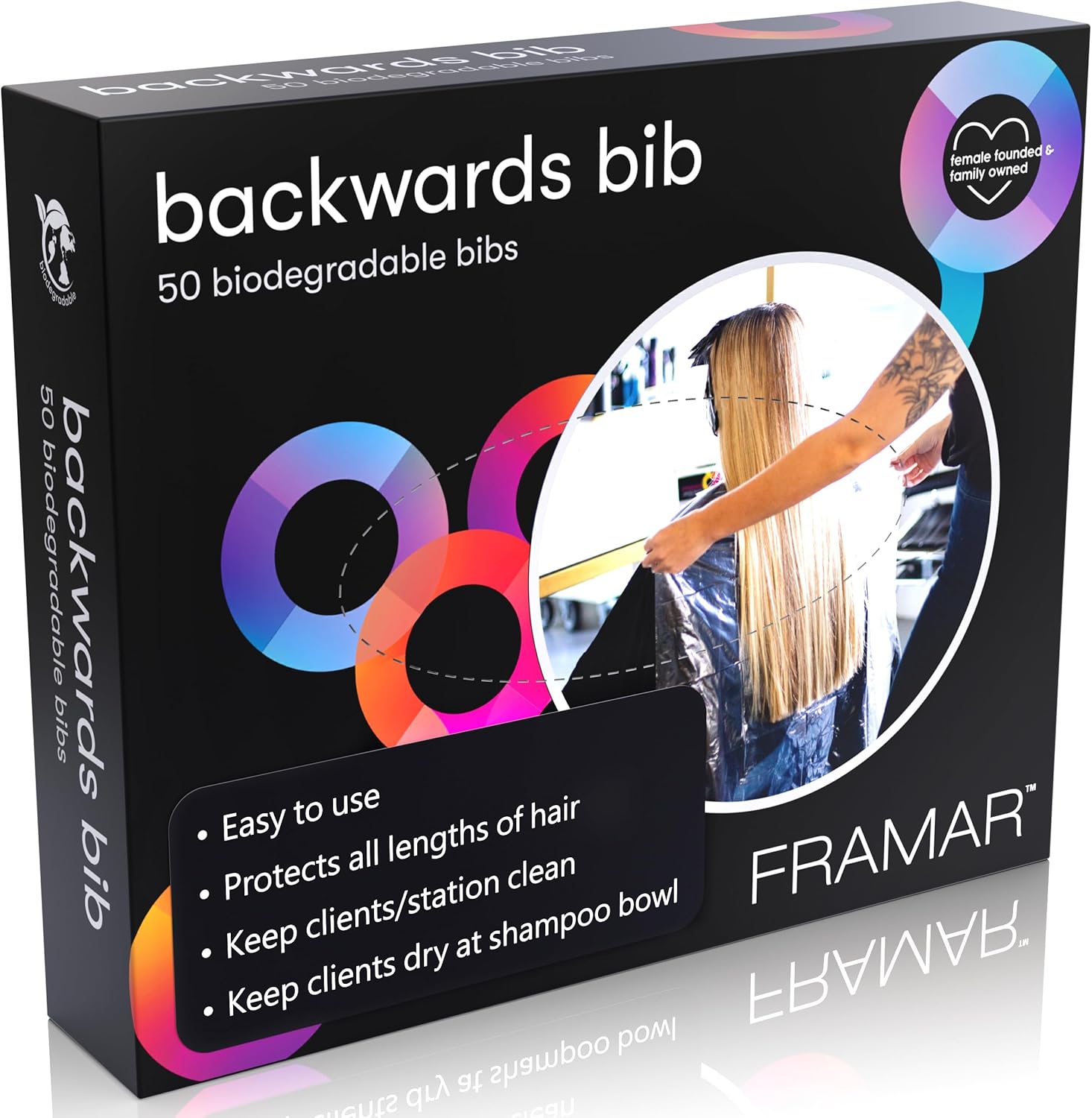 Framar Backwards Bib disposable salon cape box front view