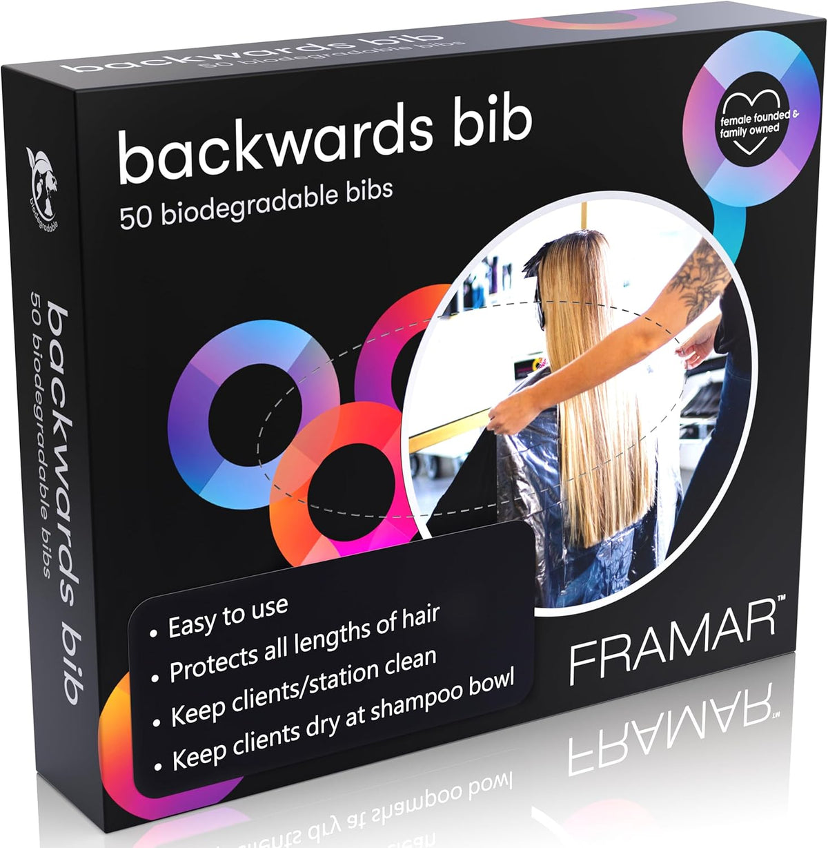Framar Backwards Bib disposable salon cape box front view