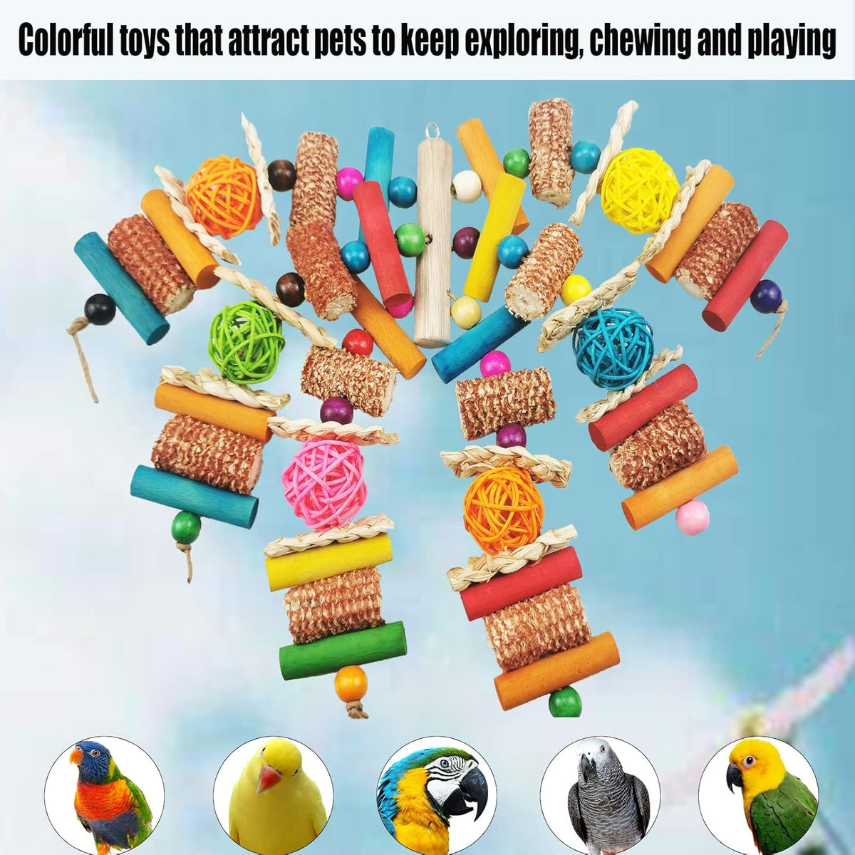 Side profile of colorful Kewkont aviary hanging toy with wood blocks.
