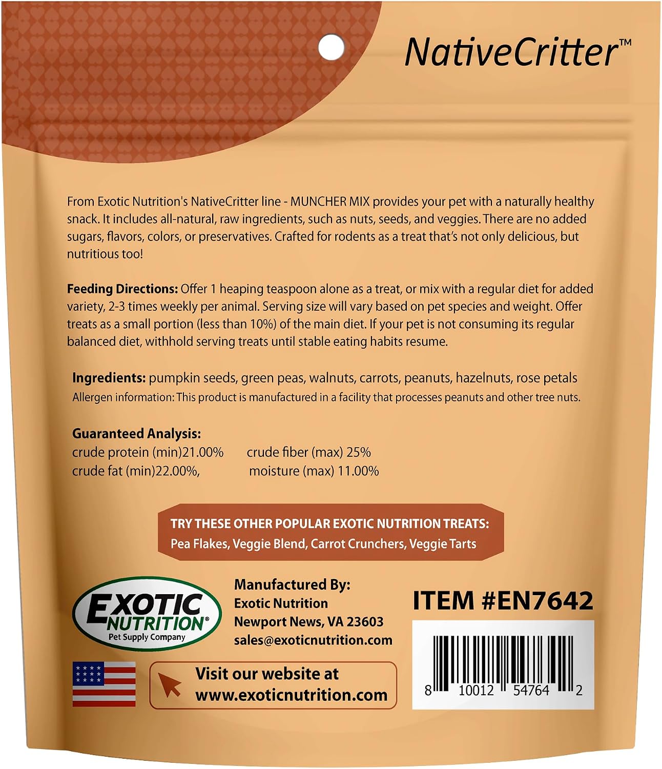 Exotic Nutrition Muncher Mix packaging side details showing feeding instructions