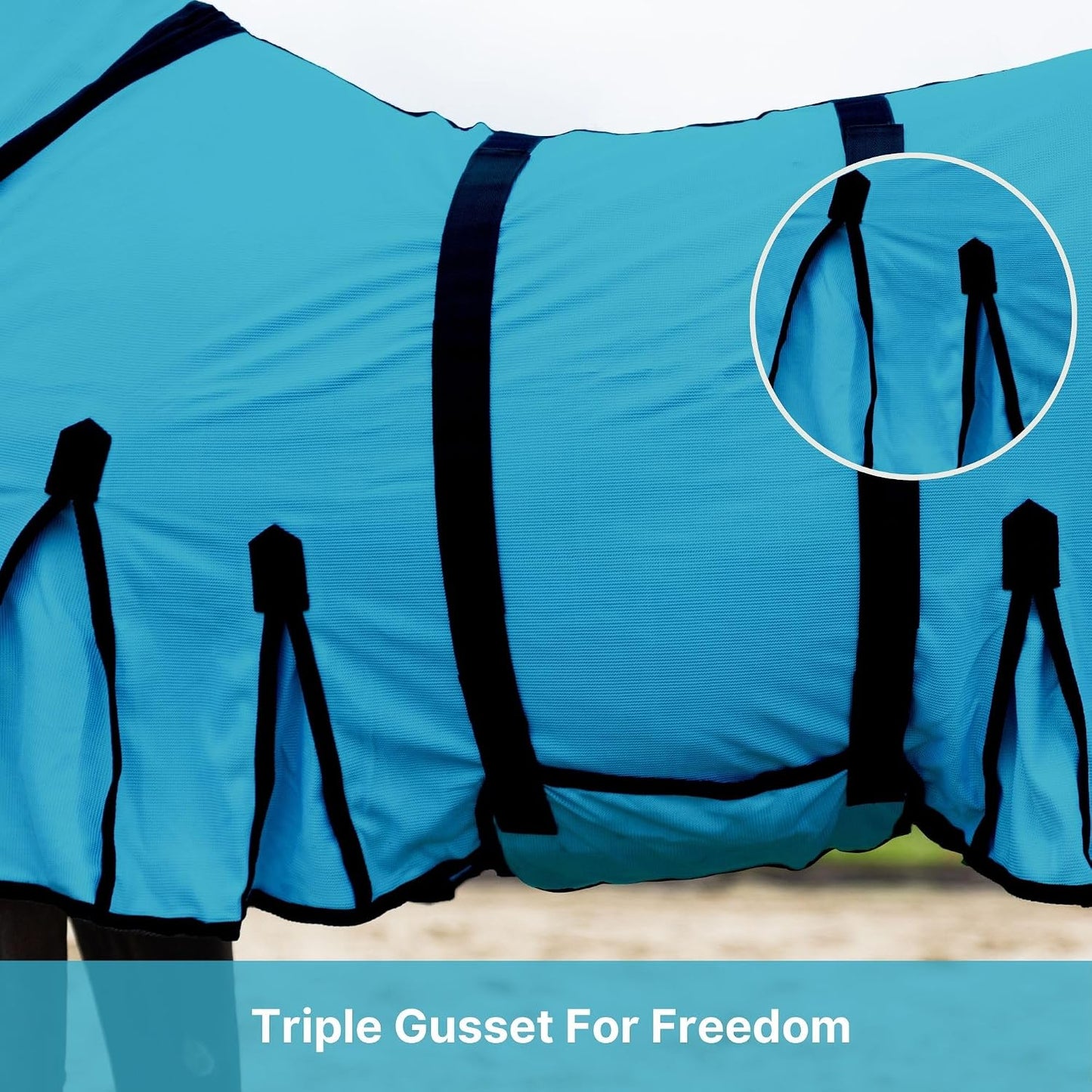 Resistance turquoise mesh horse blanket side view showing shoulder gussets for movement