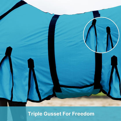 Resistance turquoise mesh horse blanket side view showing shoulder gussets for movement