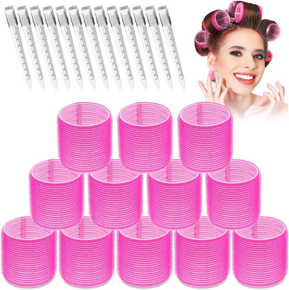 Selizo jumbo hair rollers set front view showcasing hot pink self-grip curlers