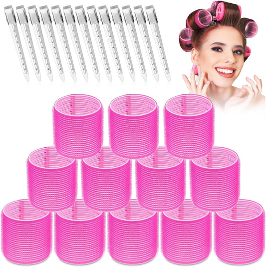 Selizo jumbo hair rollers set front view showcasing hot pink self-grip curlers