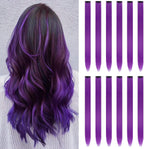YISIKUNNUO 12 Pieces Colored Purple Hair Extensions front view showcasing vibrant long straight synthetic hairpieces.