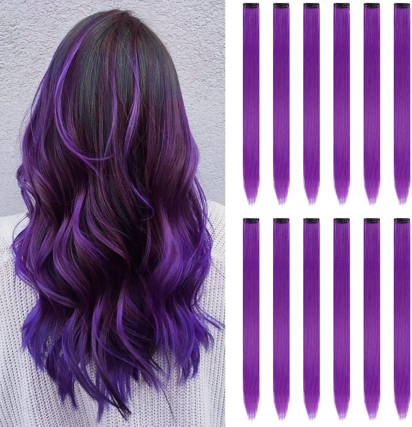 YISIKUNNUO 12 Pieces Colored Purple Hair Extensions front view showcasing vibrant long straight synthetic hairpieces.