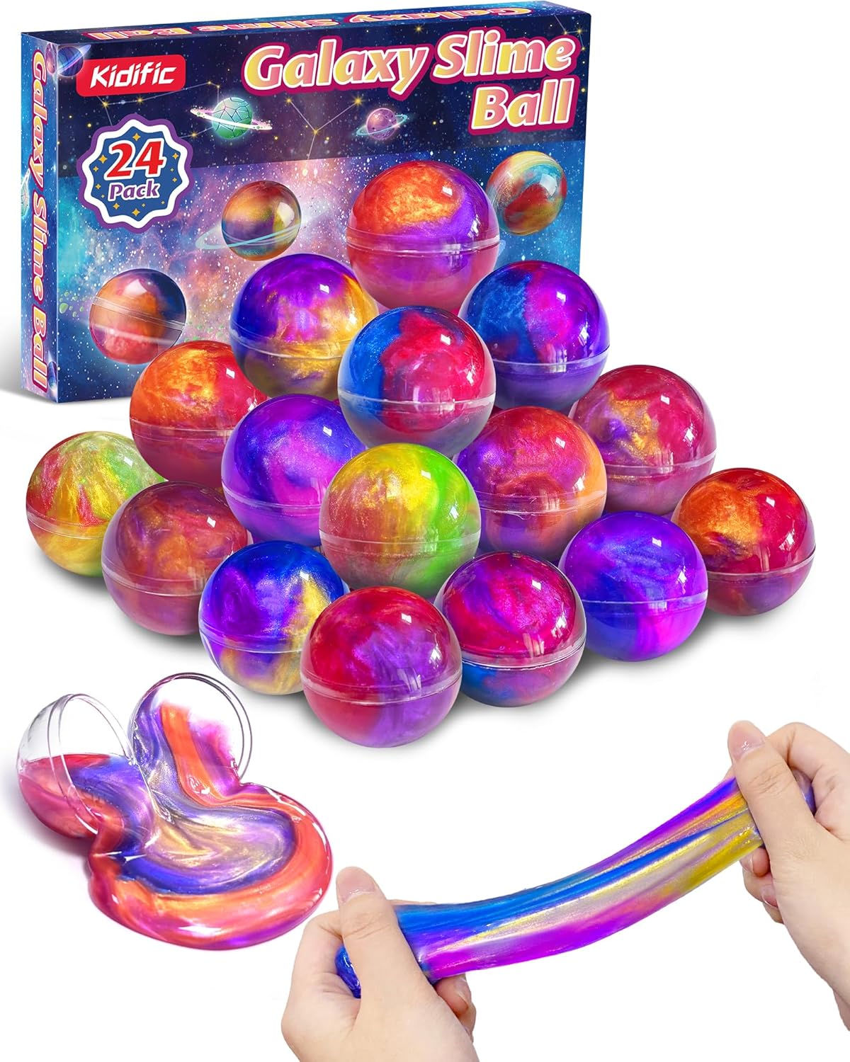 Kidific 24 Pack Galaxy Slime Party Favors front view of the complete packaging box showing vibrant space themed slime balls.