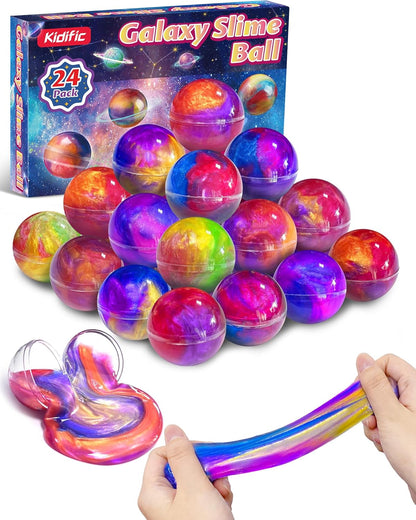 Kidific 24 Pack Galaxy Slime Party Favors front view of the complete packaging box showing vibrant space themed slime balls.