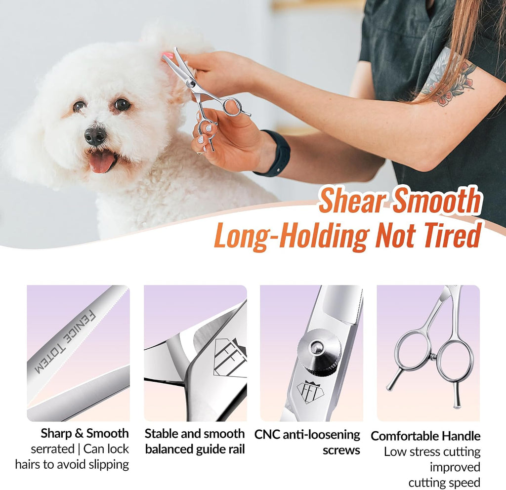 Curved grooming scissors in use trimming a dog's paws safely.