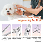 Curved grooming scissors in use trimming a dog's paws safely.