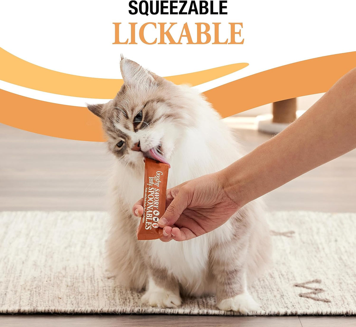 Squeezable cat treat tube showing mess free design