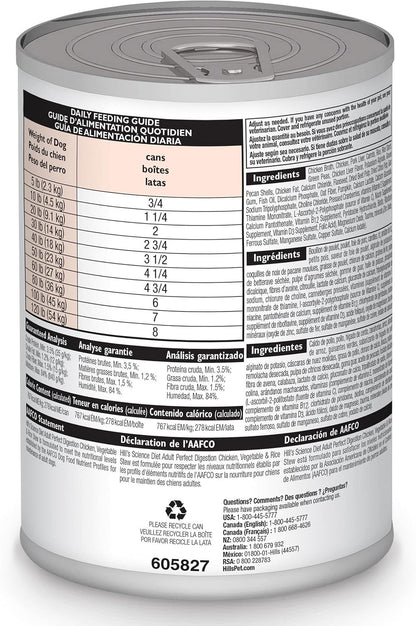 Hill's Science Diet premium canned dog food chicken and vegetable stew twelve pack packaging.