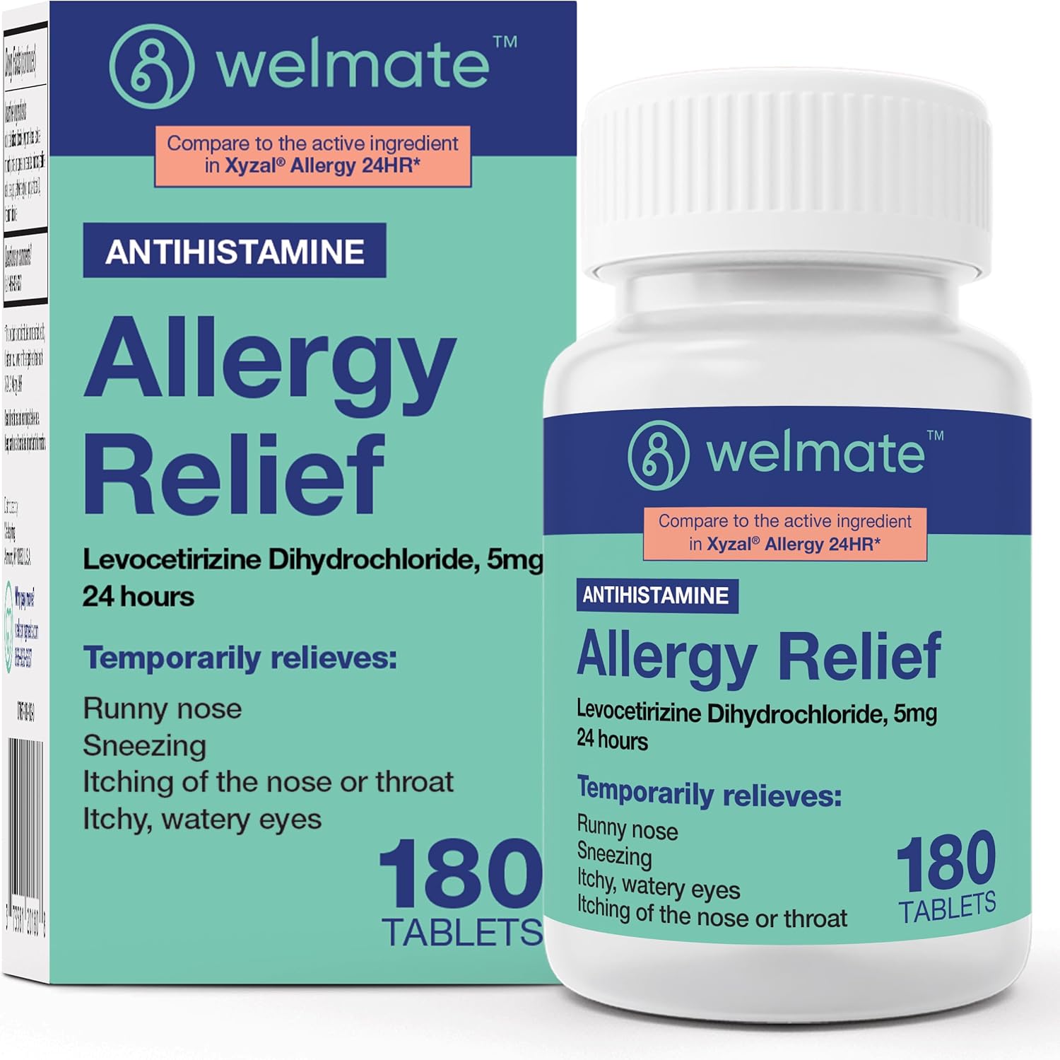 WELMATE Levocetirizine Dihydrochloride 5mg 180 tablets bottle front view showing 24 hour allergy relief labels.