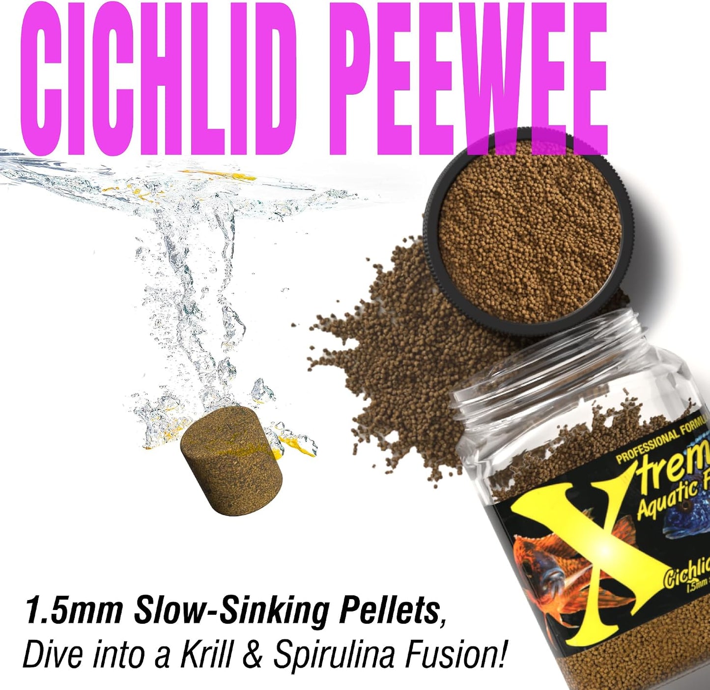 Side profile of Xtreme Cichlid Peewee packaging for freshwater fish
