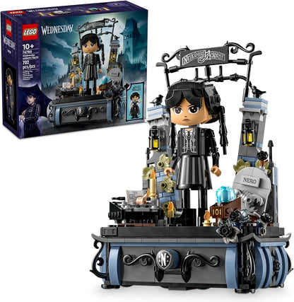 LEGO Wednesday Addams Figure front view of assembled collectible doll on display stand
