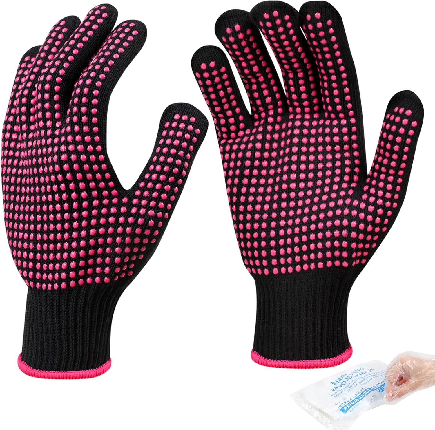 Oligei Heat Resistant Gloves front view showing rose red silicone bumps on black fabric