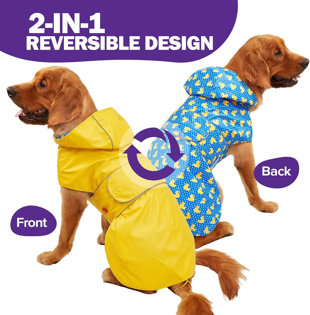 Kimee adjustable pet rain jacket flipped to reveal the alternate cute patterned slicker side.
