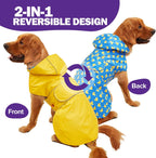 Kimee adjustable pet rain jacket flipped to reveal the alternate cute patterned slicker side.