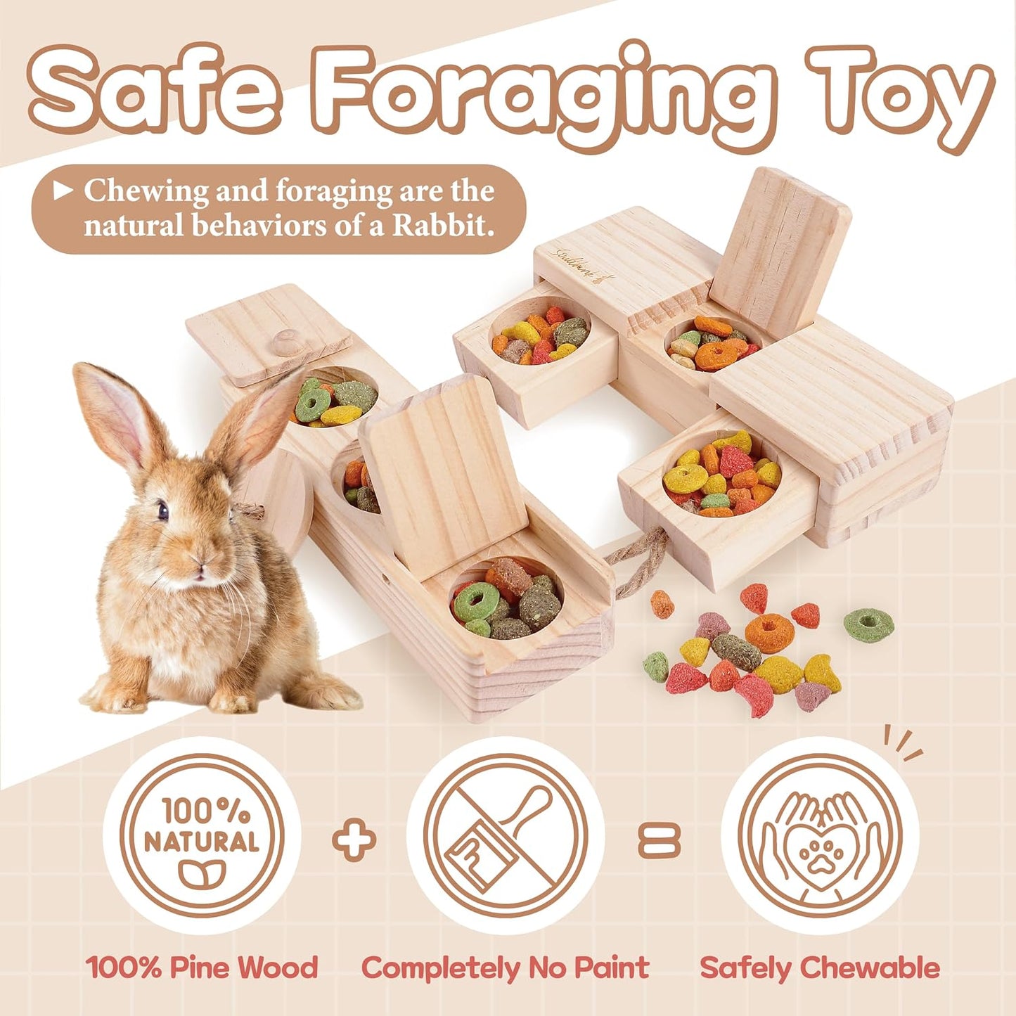 Untreated pinewood rabbit puzzle toy close up on durable twine rope