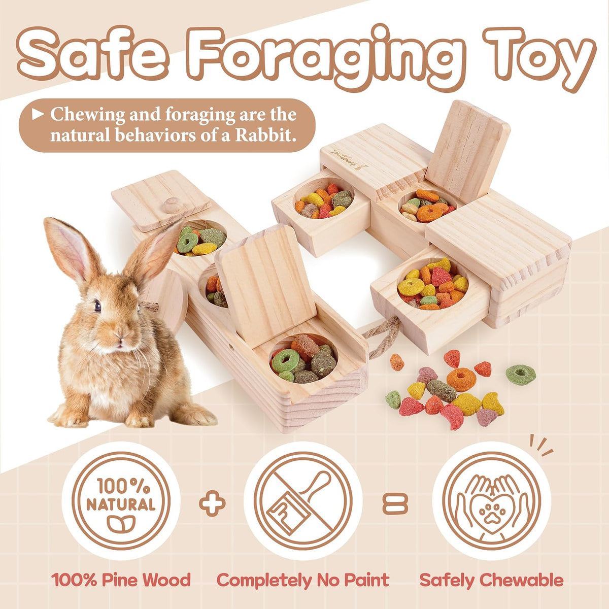 Untreated pinewood rabbit puzzle toy close up on durable twine rope
