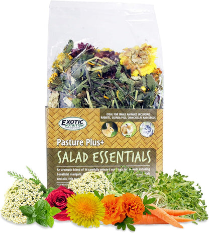 Exotic Nutrition Pasture Plus Salad Essentials front view of the six ounce packaging showing natural herb and flower mix.