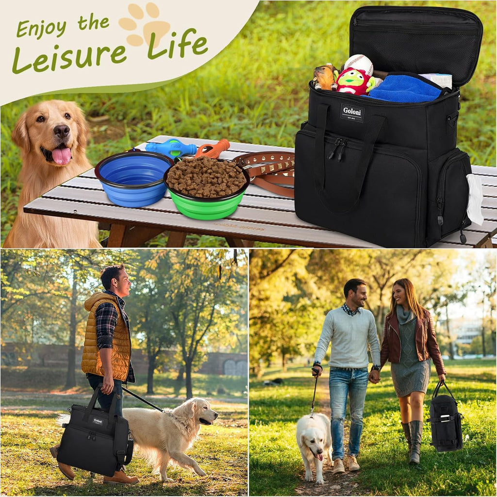 Goloni pet travel bag with collapsible silicone bowls and food containers