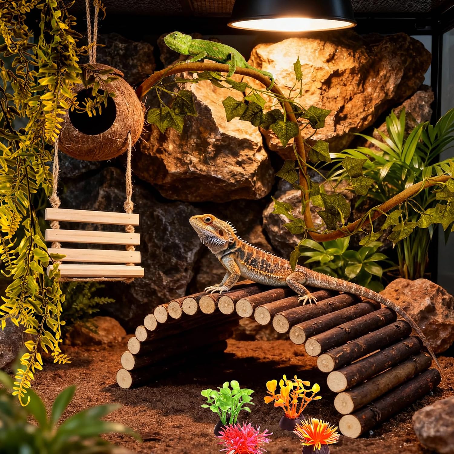 14Pcs Reptile Plants Bridge Vines Leopard Gecko Coconut Hut Crested Gecko Tank Accessories Lizard Coco Den with Ladder for Lizard, Chameleon Cage, Snakes, Hermit Crab - Image 6