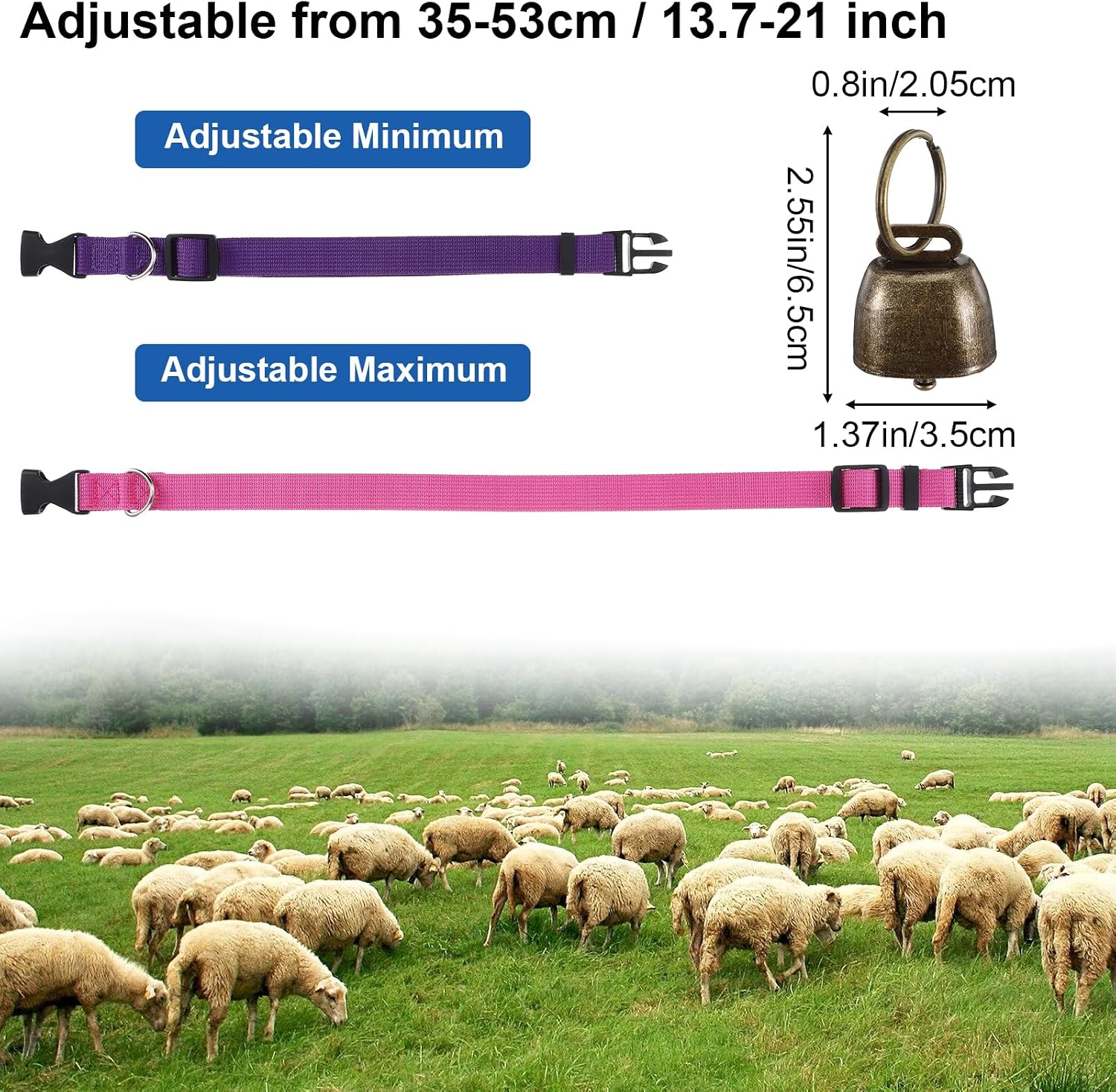 Adjustable nylon livestock neck belts with antique copper grazing bells close up view