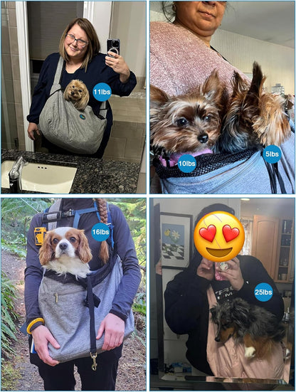 Pet inside Ownpets reversible dog and cat sling carrier