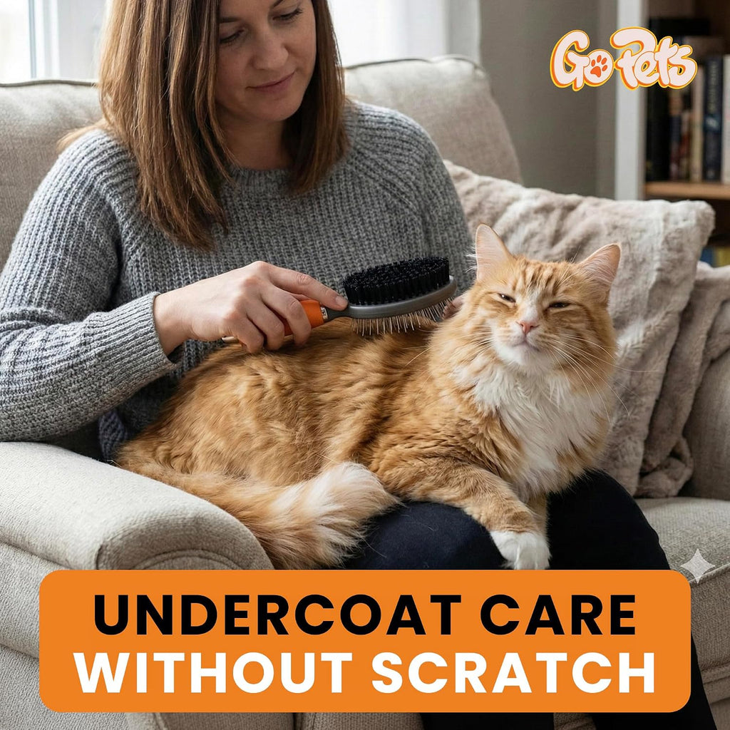 GoPets dual-sided pet brush being used to remove loose undercoat fur from a long-haired dog.