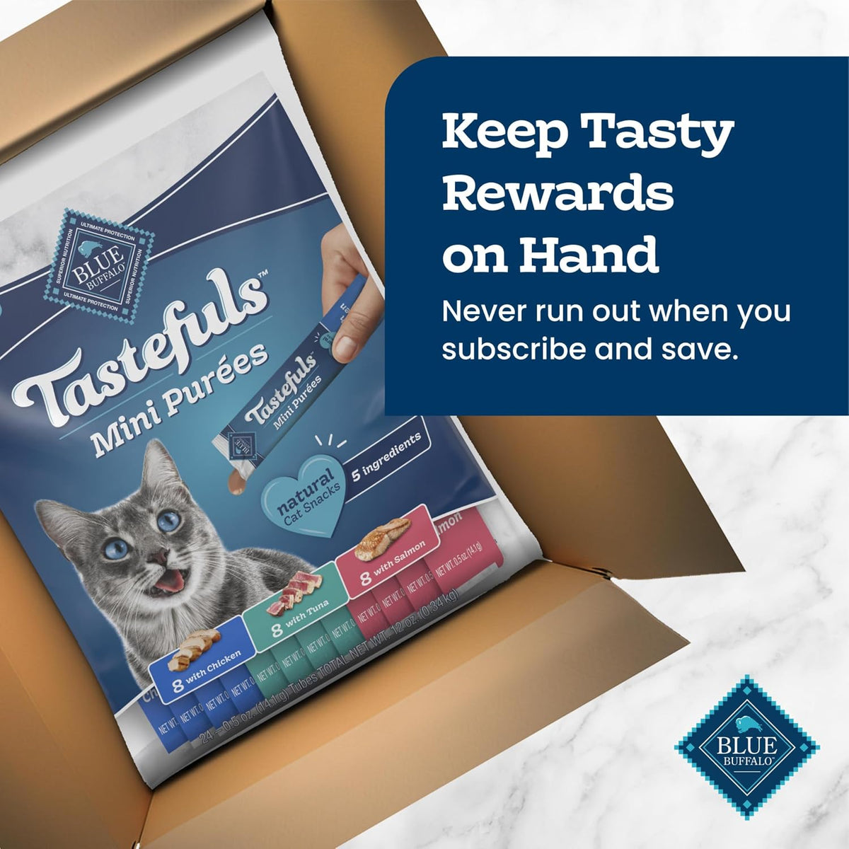 Blue Buffalo Tastefuls Mini Pures Natural Cat Treats, Chicken, Tuna, Salmon Variety Pack, 0.5 oz. Single Servings, 24-Count - Image 10