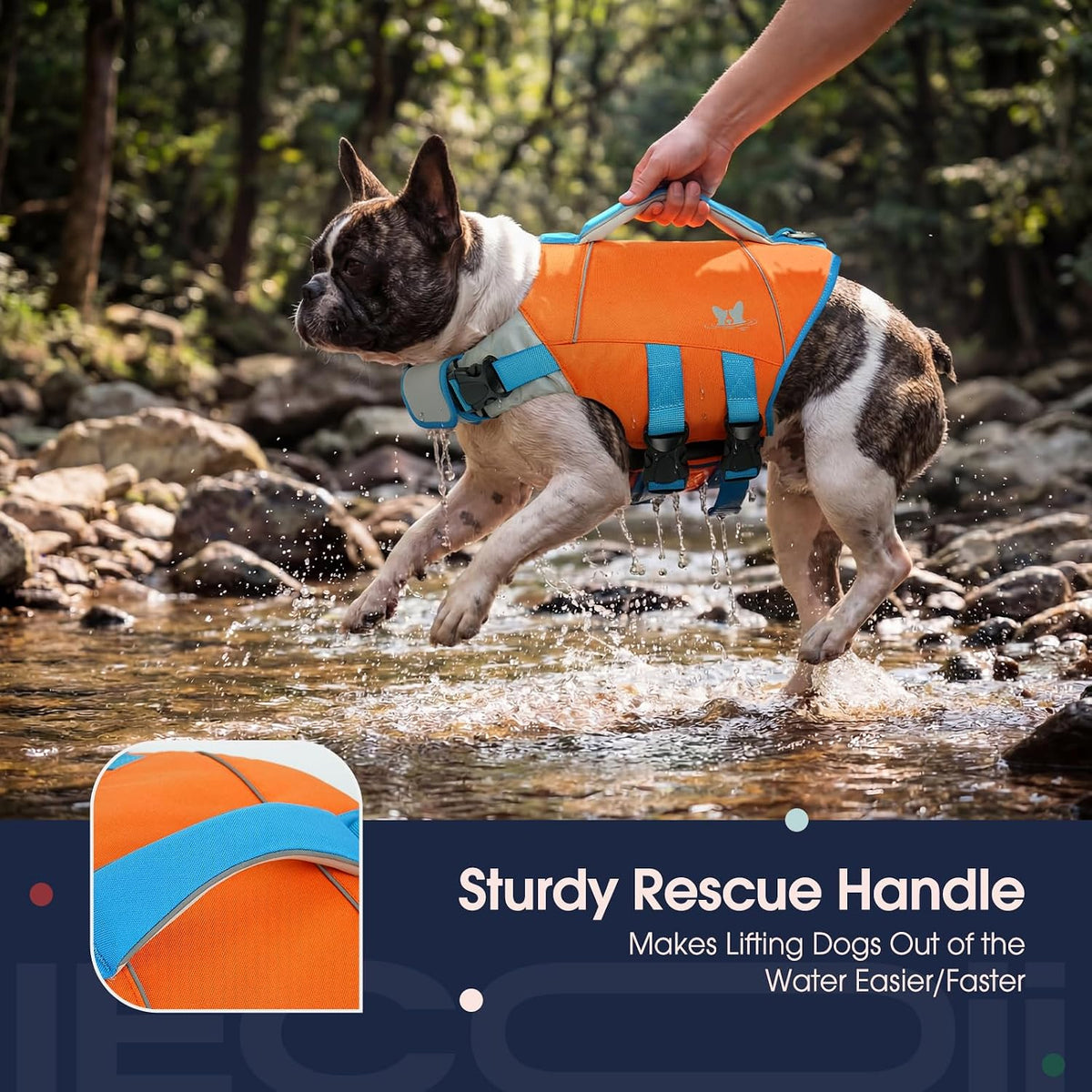 Orange and blue dog life jacket side profile displaying the full belly band closure.