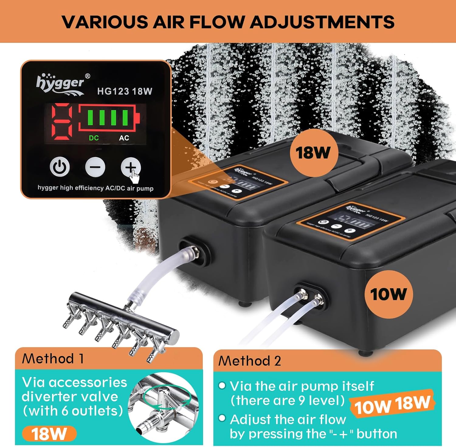 Hygger aquarium air pump with air hose and stone