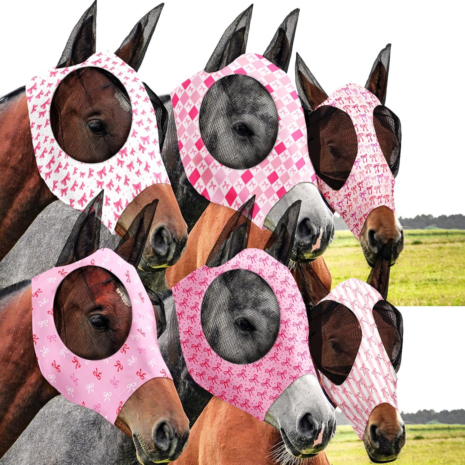 Chunful 6 Pcs Horse Fly Masks with Ears Smooth and Comfortable Mesh Fly Mask Elasticity Breathability UV Protection Horse Face Covering for Riding Supplies(Tie Dye,Large) - Image 9