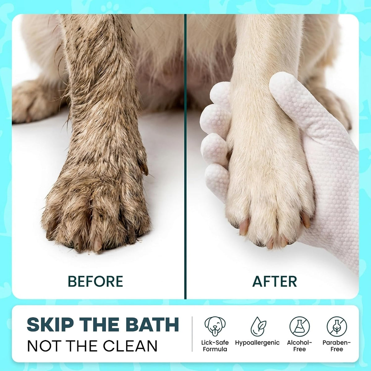 Symmetrical grooming glove wipe displayed on a hand ready for cleaning a cat.