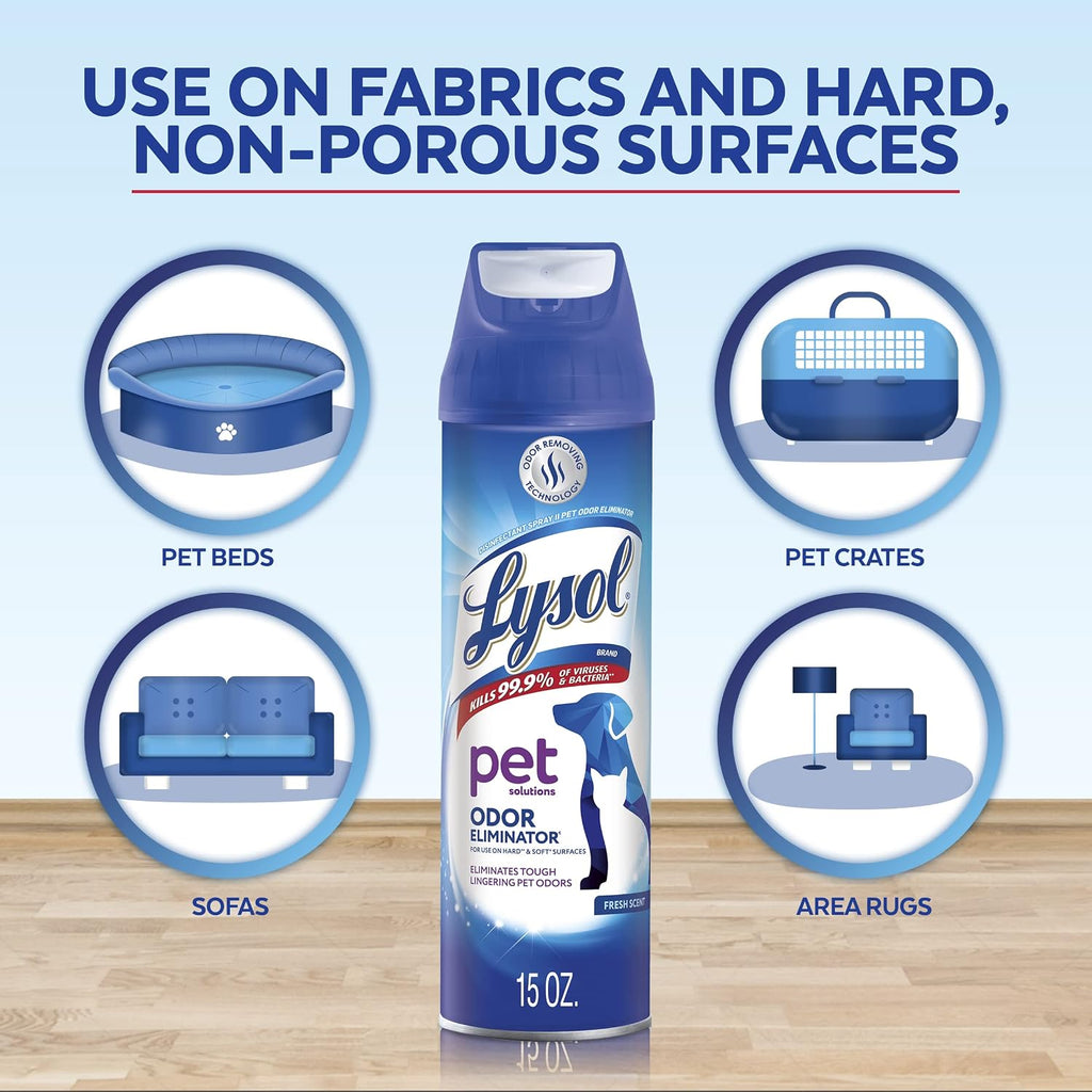 Lysol Pet Odor Eliminator bottles on a clean surface