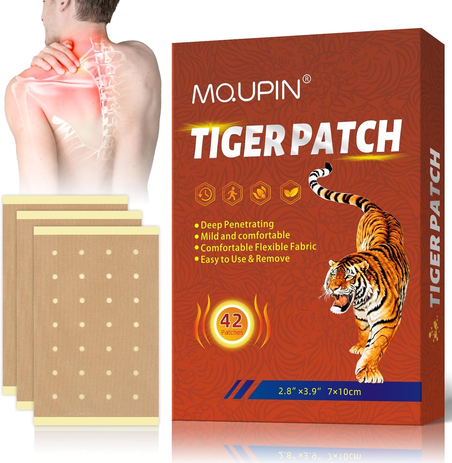MQUPIN Tiger Patch front view packaging showing forty two herbal heat patches for joint pain relief