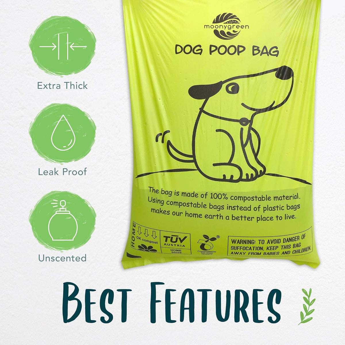 Moonygreen ASTM D6400 certified unscented dog waste refill rolls.