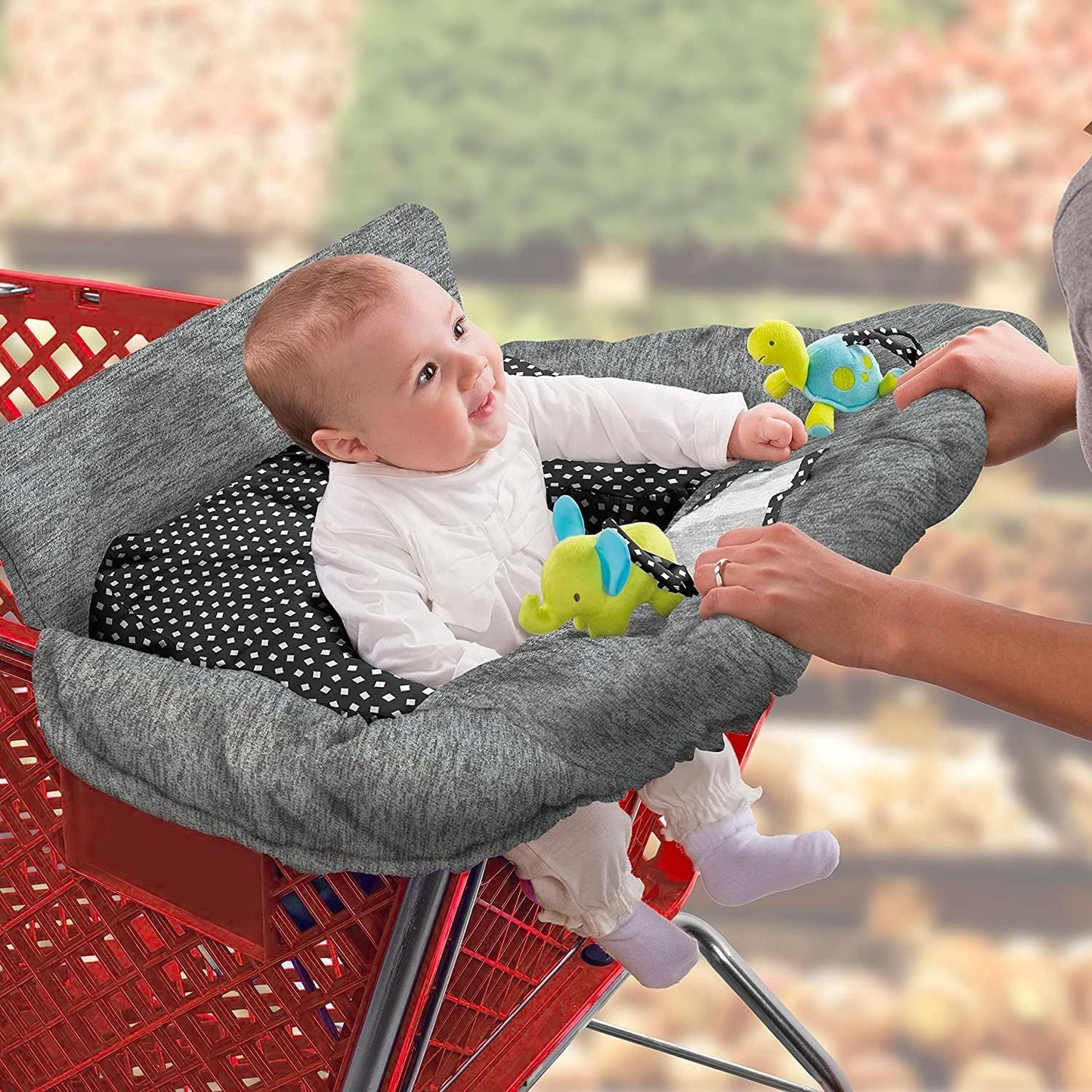 Summer Infant 2-in-1 full coverage cushy shopping cart cover in heather gray front view showing the padded seat area.