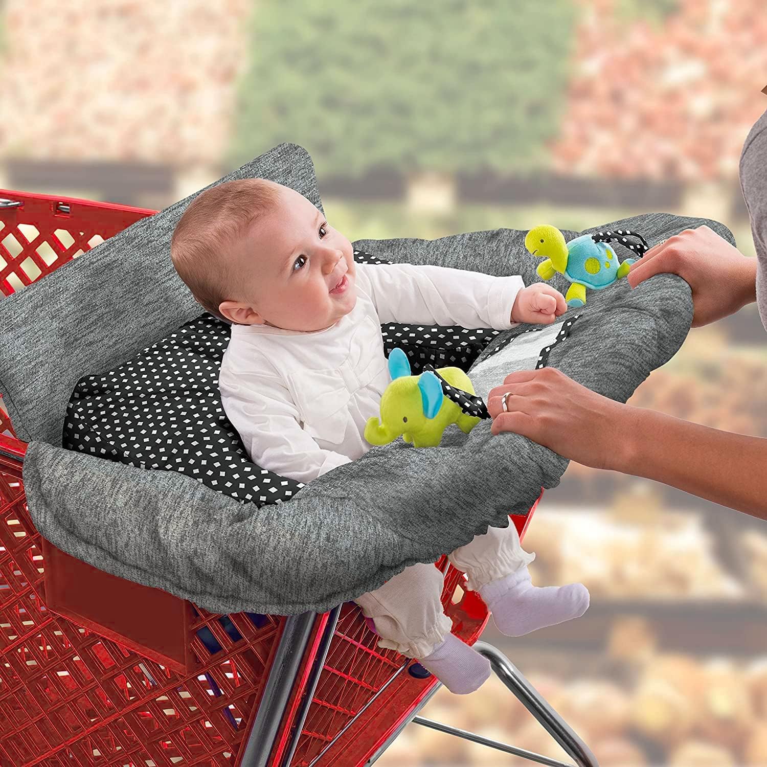 Summer Infant 2-in-1 full coverage cushy shopping cart cover in heather gray front view showing the padded seat area.