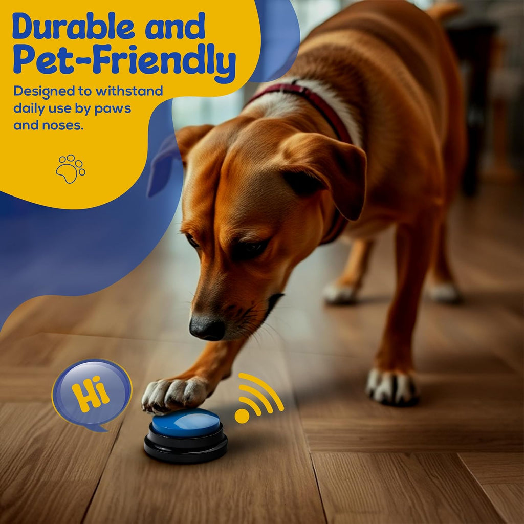 Close up of the pawhugs pet training clicker and customizable scene stickers for dog communication.