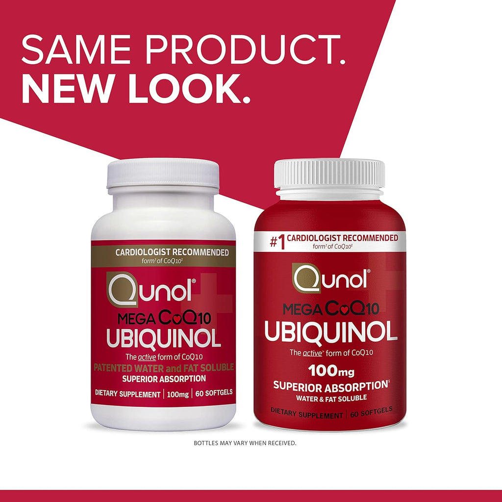 Qunol active antioxidant heart health supplement container showing 2 month supply details.