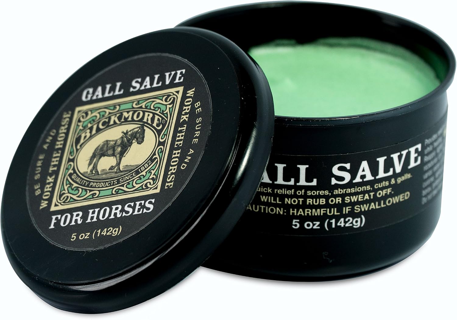 Bickmore Gall Salve 14 Ounce container next to equine care supplies