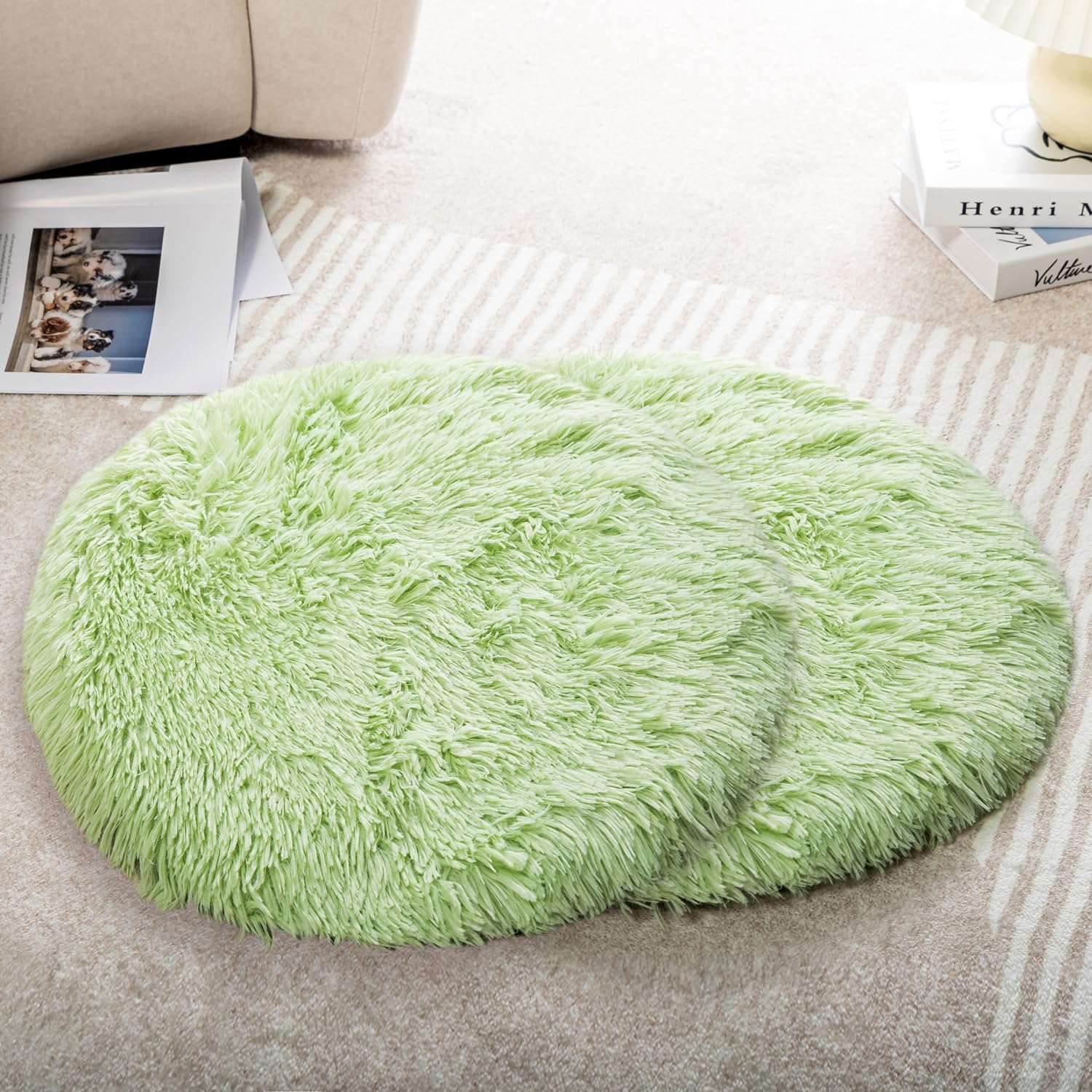 Warfort luxury fluffy pet mat being vacuumed for regular clean and care.